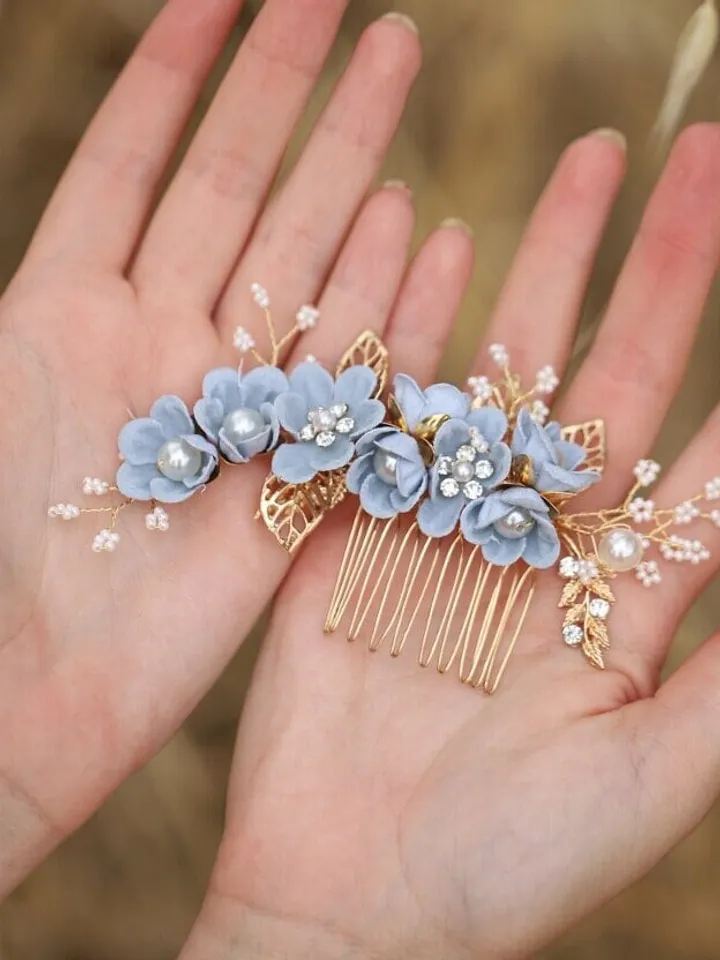 Light Blue Flowers Wedding Hair Comb, Floral Bridal Headband, Leaf Hair Comb, Hair Pins, Headpiece, Wedding Hair Accessories, Jewelry set