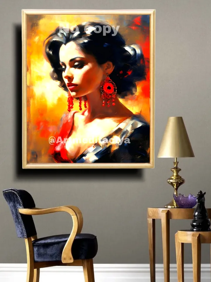 Digital abstract painting "Mysterious Carmen" in the style of oil painting on an abstract yellow, orange-red background. This is a concise image of a beautiful burning Spanish brunette with expressive fluffy eyelashes in a black and red outfit