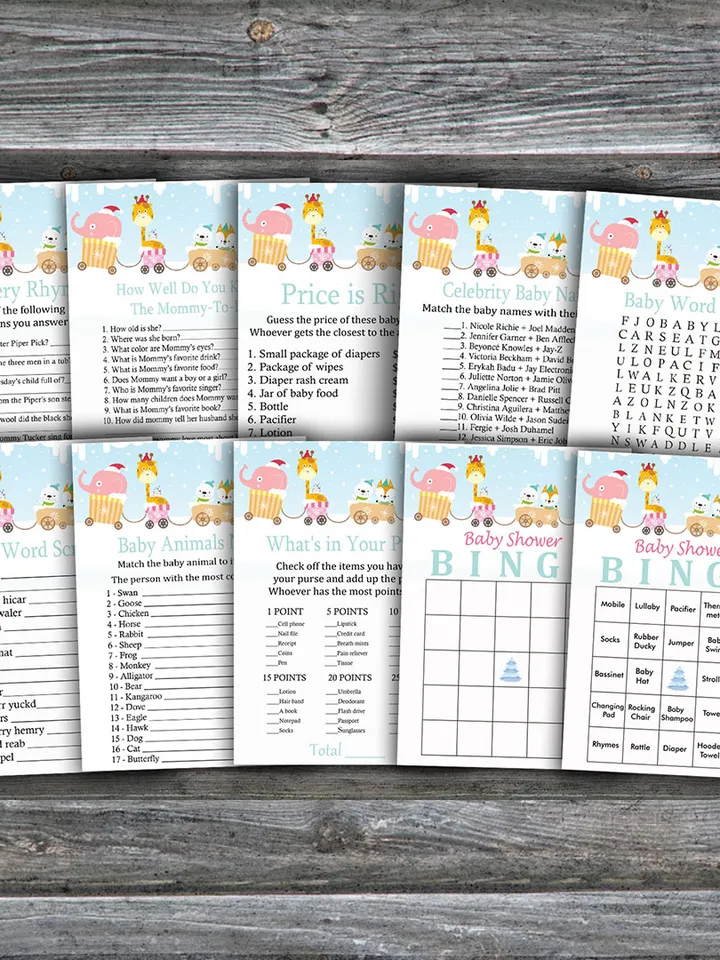 Christmas train animals baby shower games bundle,Xmas Baby Shower games package,Fun Baby Shower Games,9 Printable Games