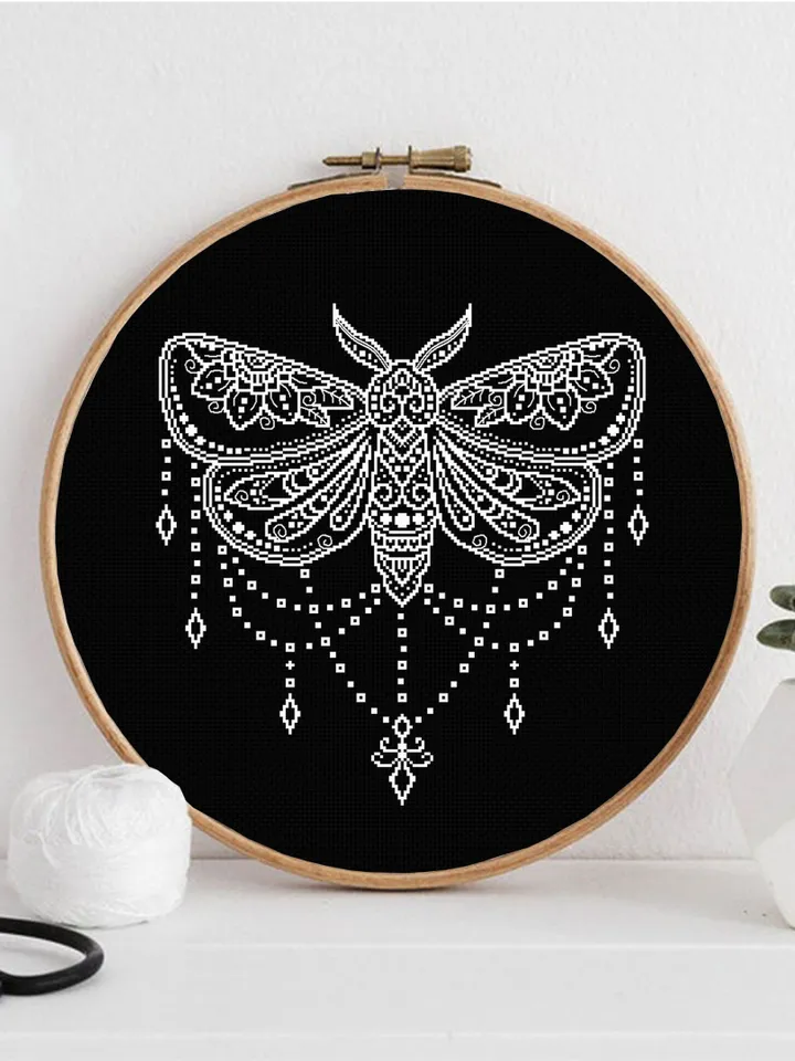 Mandala butterfly cross stitch pattern PDF download Moth cross stitch chart, Monochrome moth pattern, Flower mandala embroidery PDF #M225