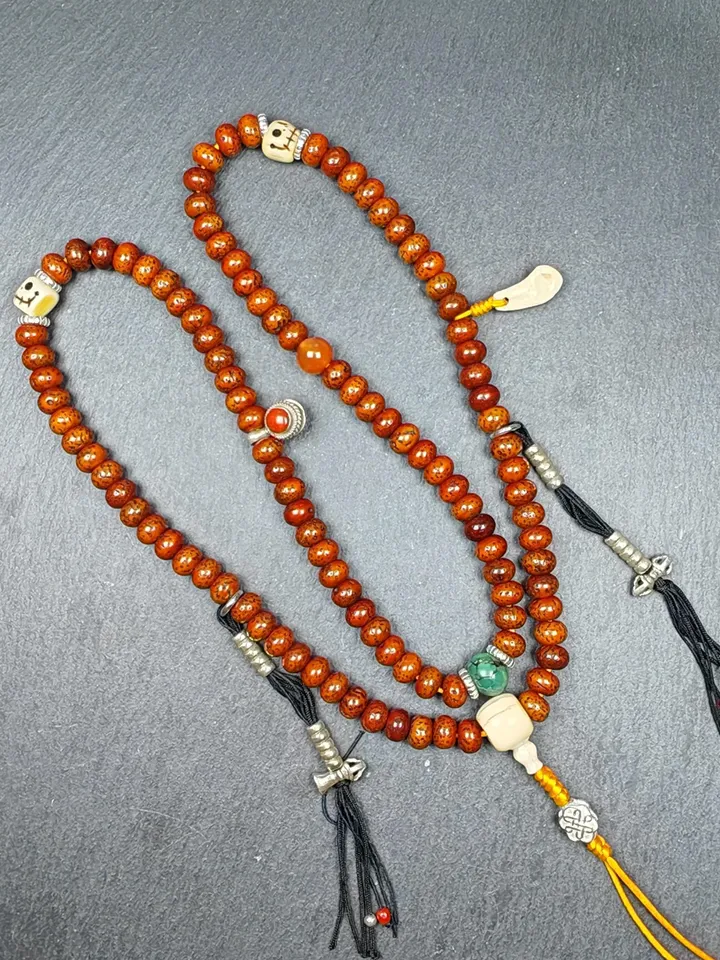 Gandhanra Authentic Tibetan Rosary, Old 7.8mm 108 Lotus Seed Mala Necklace - Handcrafted Tibetan Prayer Beads with Unique Mix of Treasures