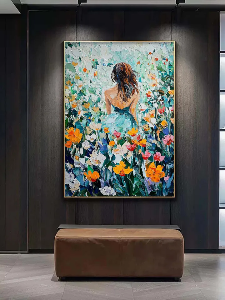 Large Impasto Woman in Flower Field Oil Painting, Colorful Garden Landscape, Textured 3D Original Art, Romantic Wall Art Decor,Gift for Her
