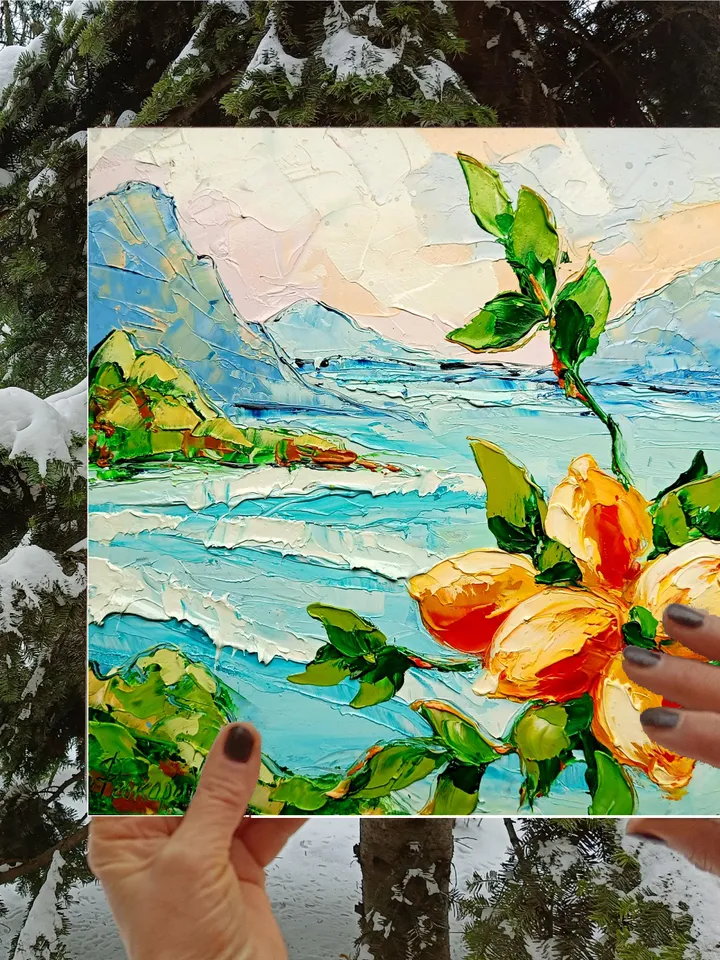 Italy Painting Lemon Original Art Impasto Oil Painting Coastal Painting Seascape Painting Sorrento Abstract Italy Painting by ArtProkopaloSv