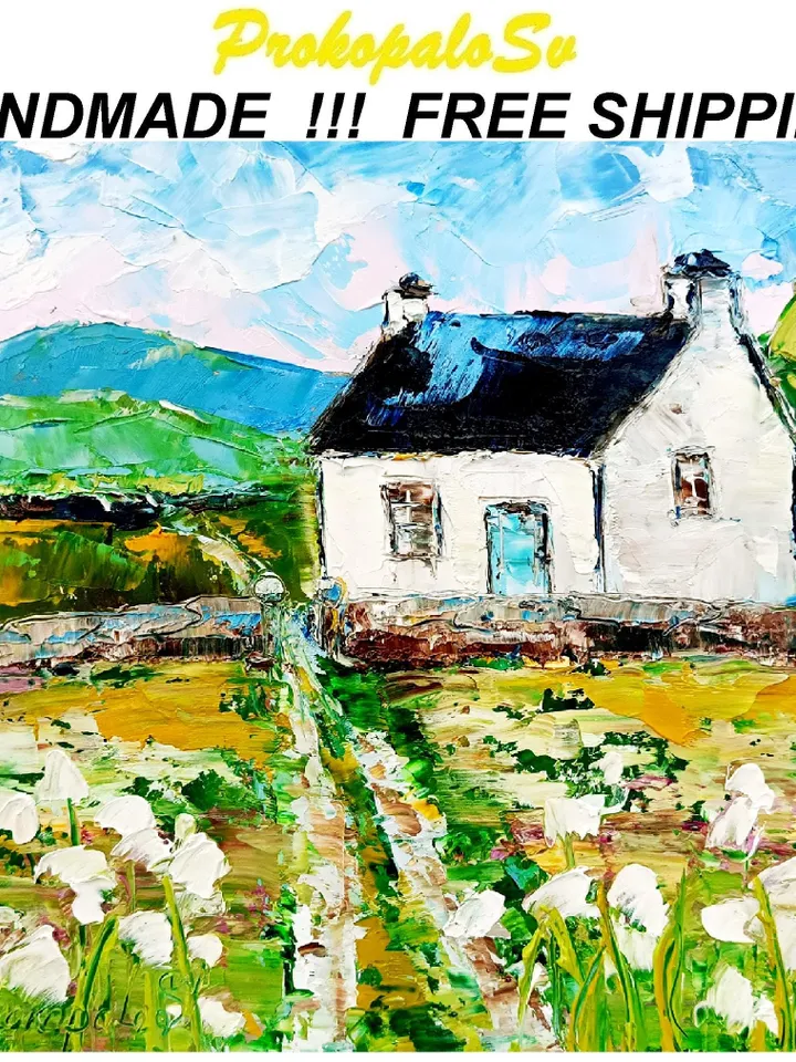 Ireland Painting White Cottage Original Art Abstract Landscape Impasto Oil Painting Small Gifts Cheap Original Art Gifts by ArtProkopaloSv