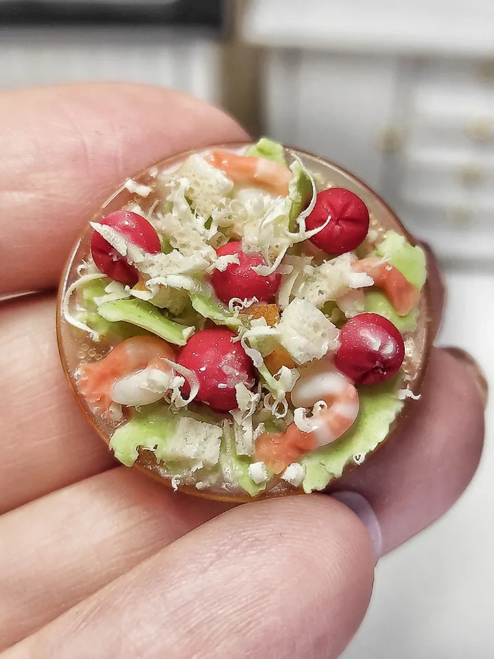 Realistic Caesar salad with shrimps - realistic salad - doll food - barbie food - food for dolls - miniature - mini food
