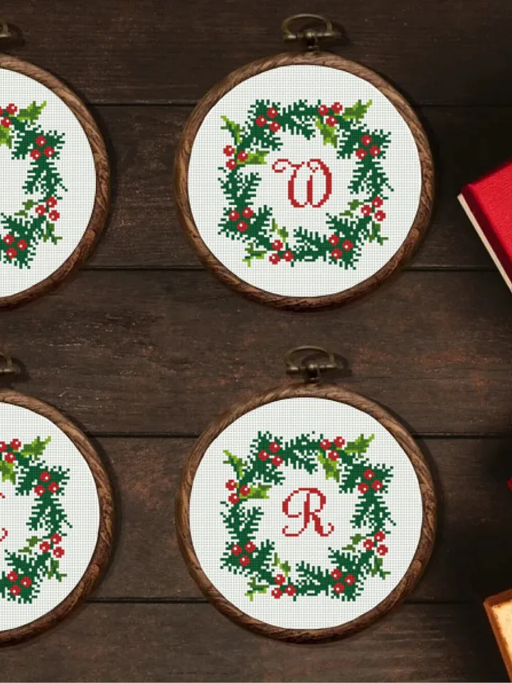 Christmas Wreath Monogram, Branch Noel cross stitch pattern, Holiday decor, counted, chart, gift DIY, embroidery, instant PDF