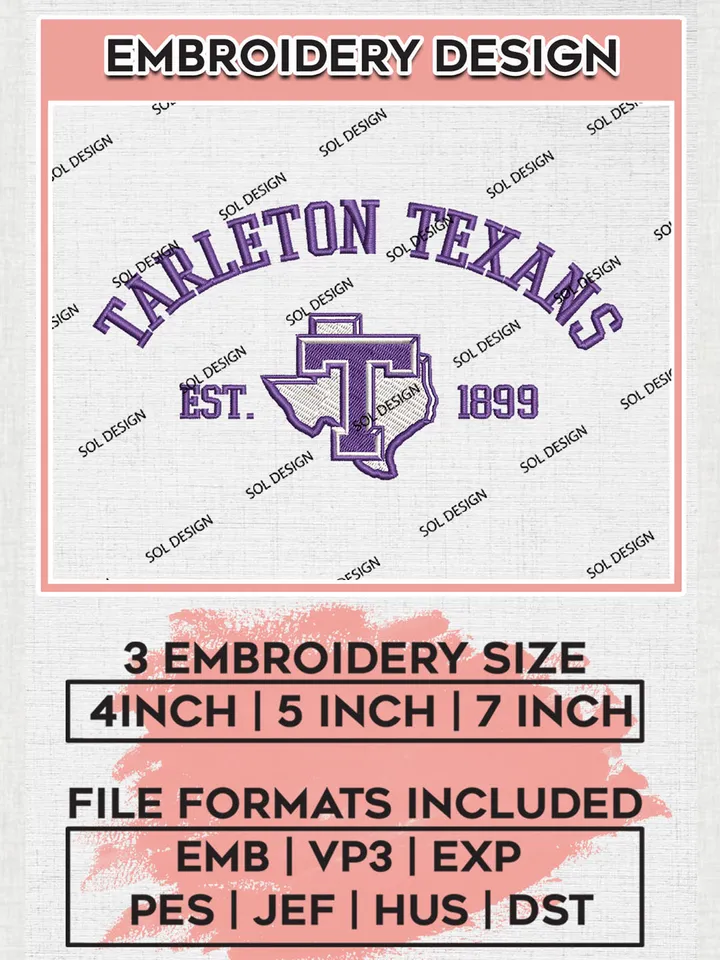 Tarleton State Texans Est 1899 Embroidery Designs, NCAA Tarleton State Texans Team Embroidery, NCAA Team Logo, 3 sizes, Machine embroidery Files, Digital Download