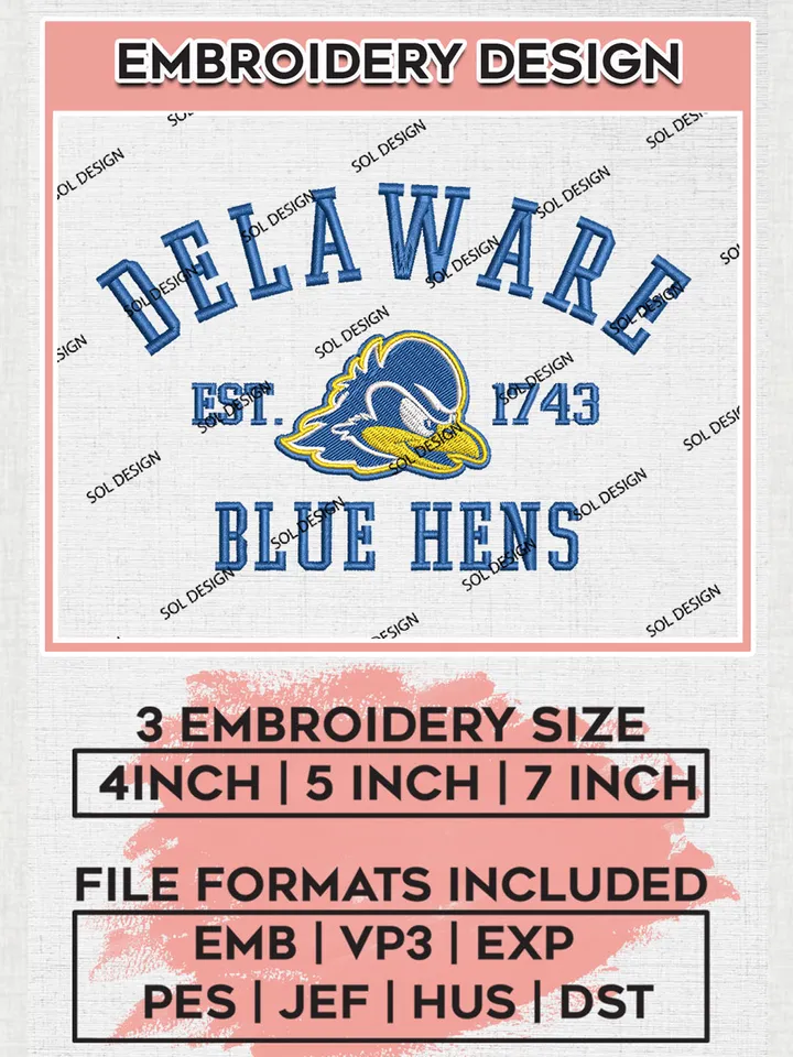 Delaware Blue Hens Est 1743 Logo Embroidery Designs, NCAA Delaware Blue Hens Team Embroidery, NCAA Team Logo, 3 sizes, Machine embroidery Files, Digital Download