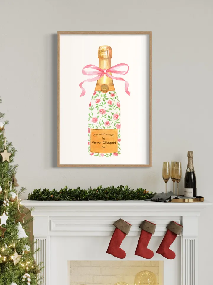 Champagne Bottle Chinoiserie Style Wall Art Print,Pink Watercolor Bar Cart Print, Cocktail Decor,Wine Wall Art,Preppy Bar Cart, Gift For Her