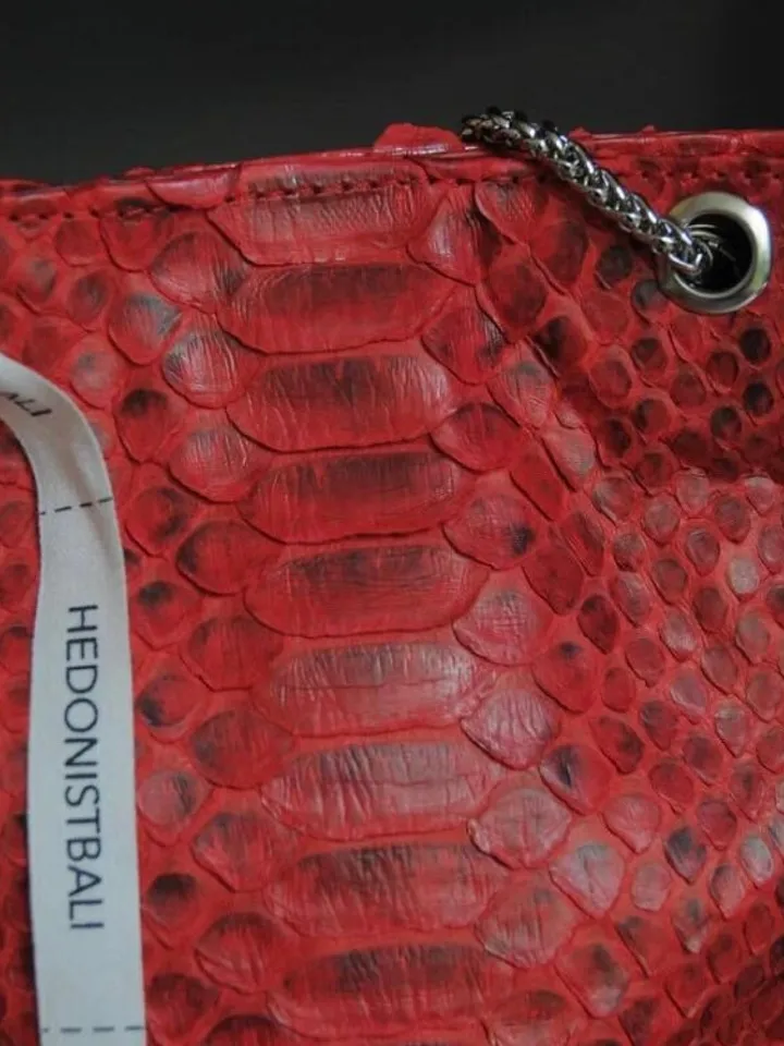 Genuine python skin bucket red chain bag / designer women purse / bright soft bag / exotic leather bags free shipping | gift for her