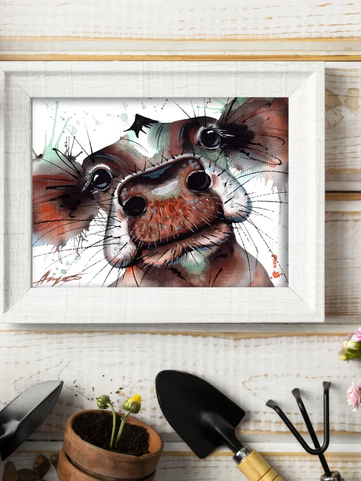 Cow original watercolor, cow painting, small handmade wall decor, 5x7 in small art for animal lovers by Anne Gorywine