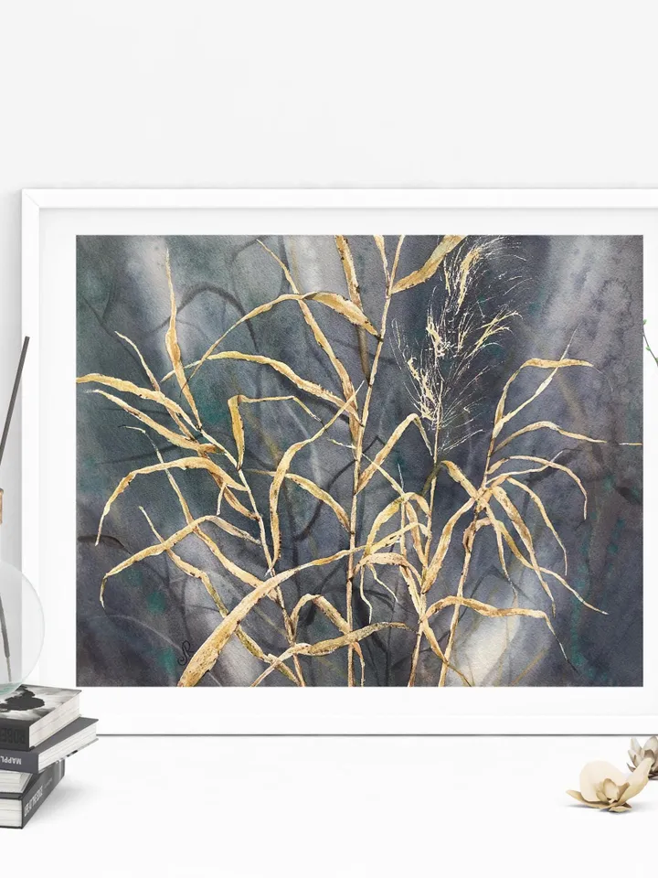 Wildflowers Original Painting Leaves Watercolor Plants Painting Grass Wall Art Prairie Grass