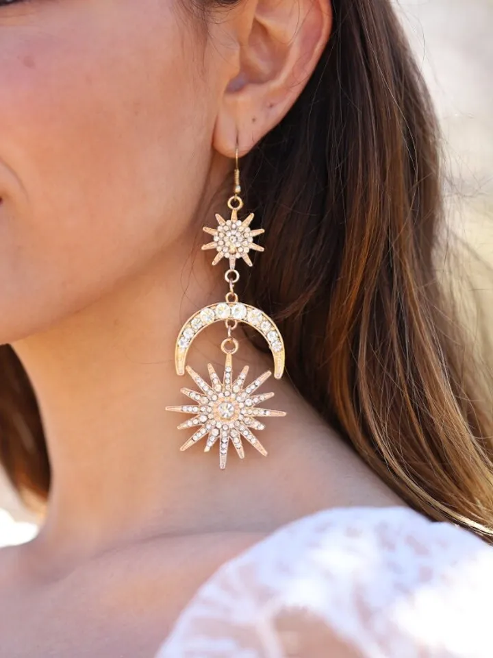 Extra Long Bohemian Bridal Earrings, Celestial Wedding Earrings, Sun Moon Star Earrings, Boho Wedding Jewelry, Statement Wedding Earrings