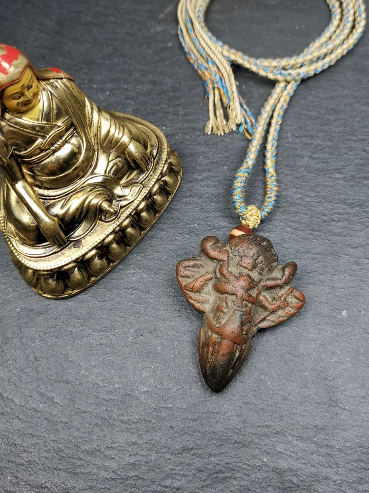 Gandhanra Old Tibetan Tsa Tsa Statue, Vajrakilaya Phurba Amulet Pendant,Buddhist Protector Deity,50 Years Old