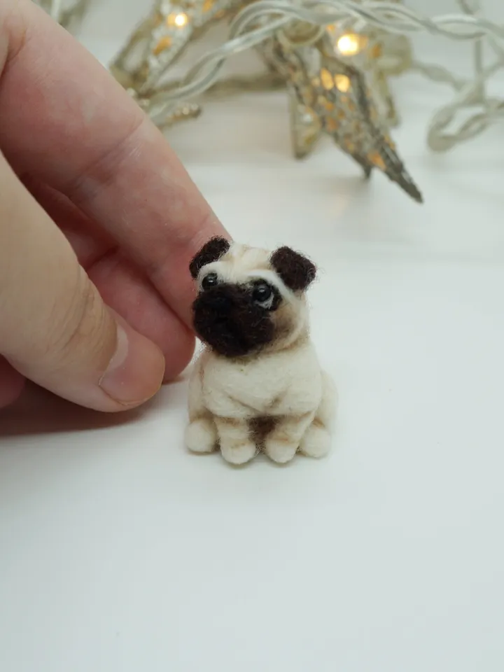 Tiny needle felted pug, miniature felted pet, dog portrait, made to order