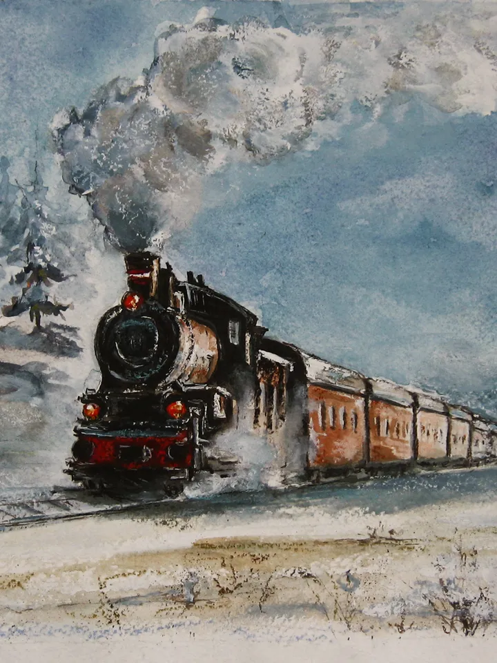 Among the snow. Original watecolor painting winter landscape with a steam locomotive 24x35 cm (9,5 х 13,8 inches)
