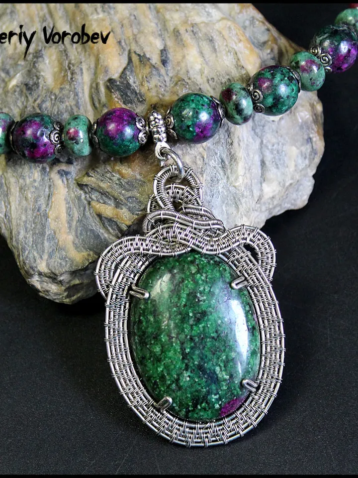 Handmade necklace with a pendant made of natural Zoisite and nickel silver wire.