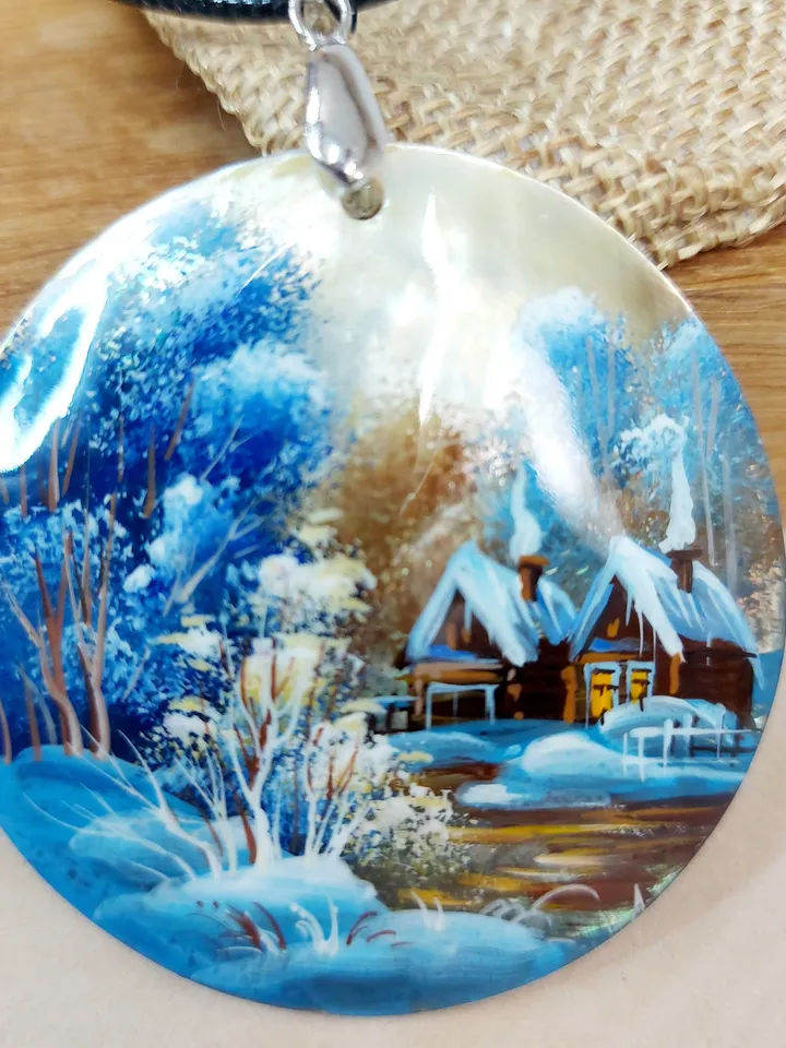 Nice Pendant Winter landscape. Village. Mother-of-pearl Russian hand painting. Hand-painted necklace pendant. Miniature painting