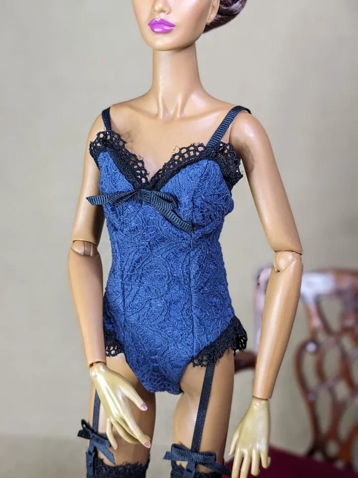 Handmade blue & black lingerie set for 16-inch Fashion Royalty dolls (FR16)