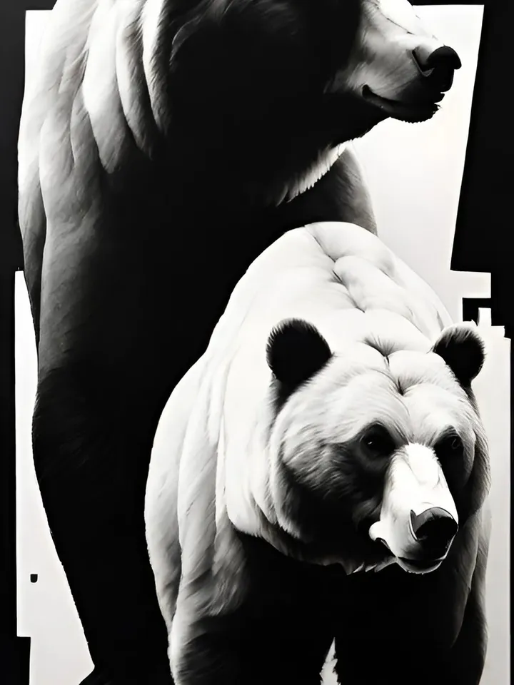 Digital product, Bear image, Bear print, Bear print, Wildlife, Contrast print, Black and white silhouette, Monochrome print, Symbolic painting, Bear poster.