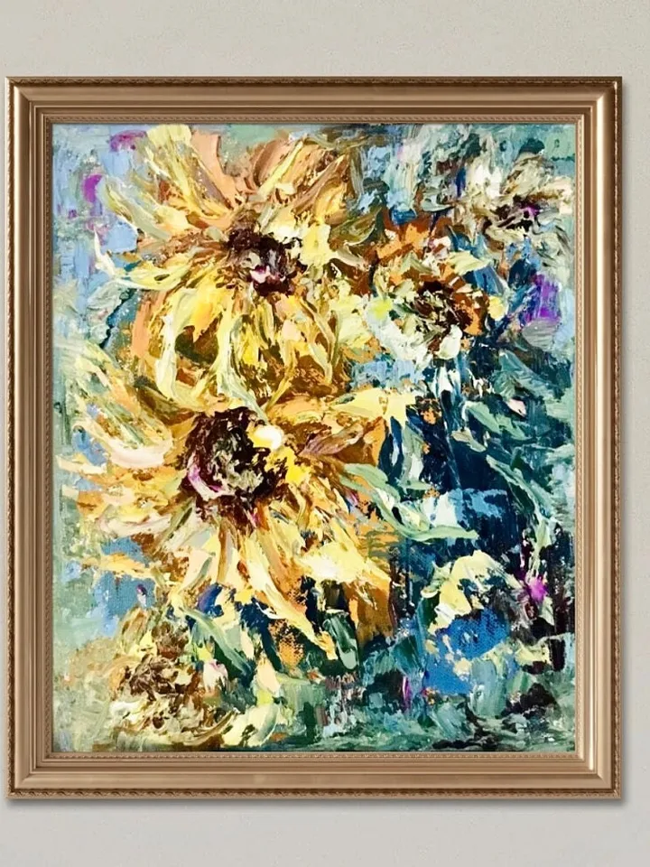 Sunflower fantasy original oil painting on canvas,impasto style textured painting,flowers painting wall decoration,gift