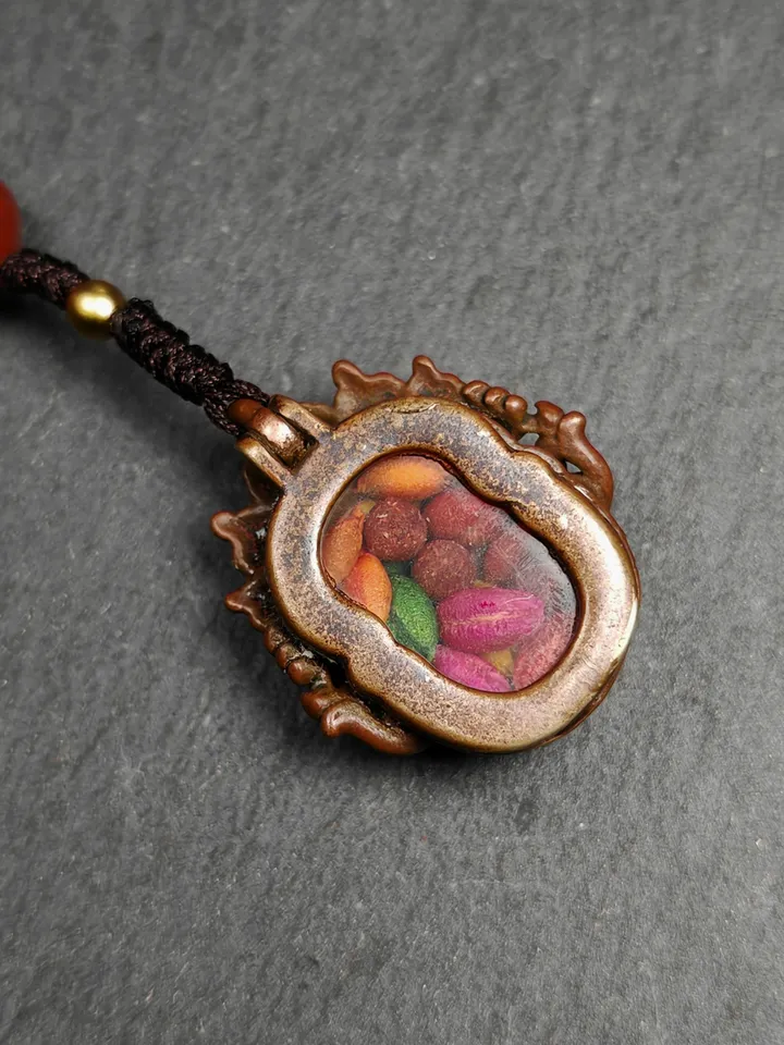 Gandhanra Antique Tibetan Gau Box Amulet,Unique Citipati Skull Ghau Shrine,Mini Tibetan Buddhist Altar Necklace with Colorful Offerings