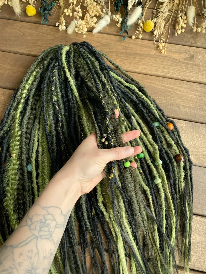 Black and forest green Double Ended Synthetic dreadlocks, ready to ship