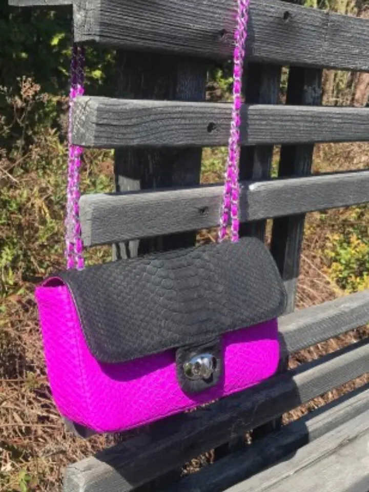 Genuine Python Skin Crossbody Chain Bag | Bright Summer Bag | Elegant Women Bag | Chain Strap Crossbody Black and fuchsia classy Purse
