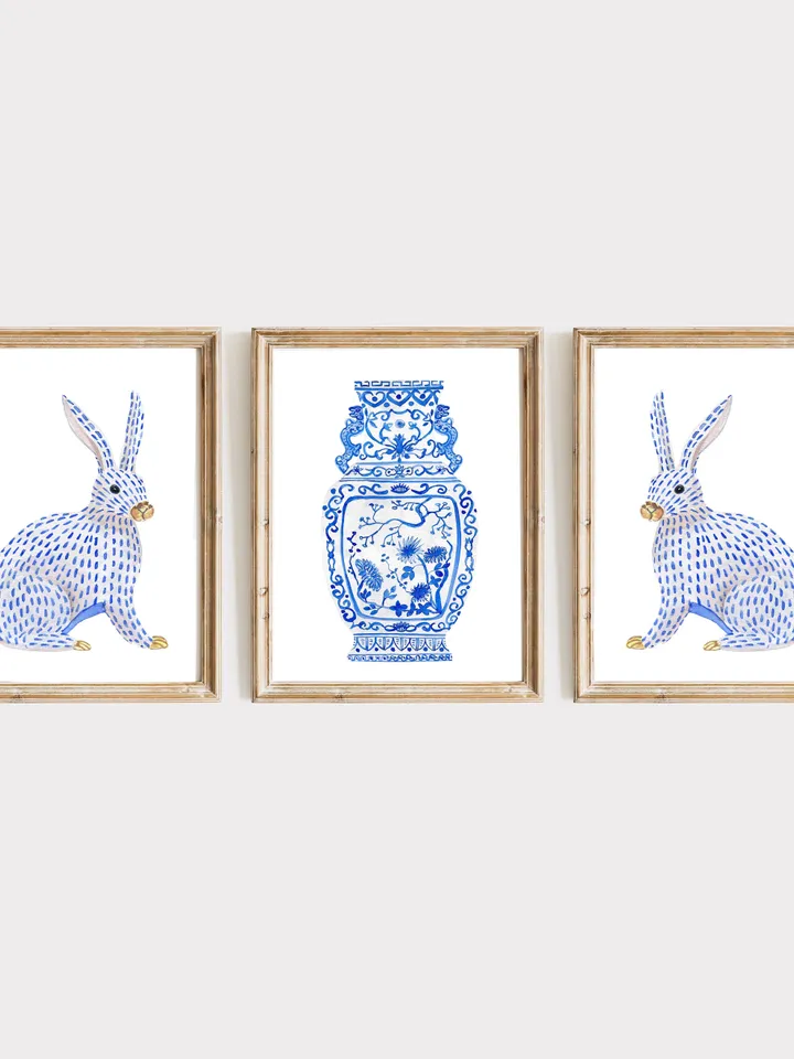 Blue And White Ginger Jar Vase Set Of 3  Watercolor Rabbit Asian Art Gift For Her Chinese Porcelain Vase Prints Classic  Porcelain Art Print