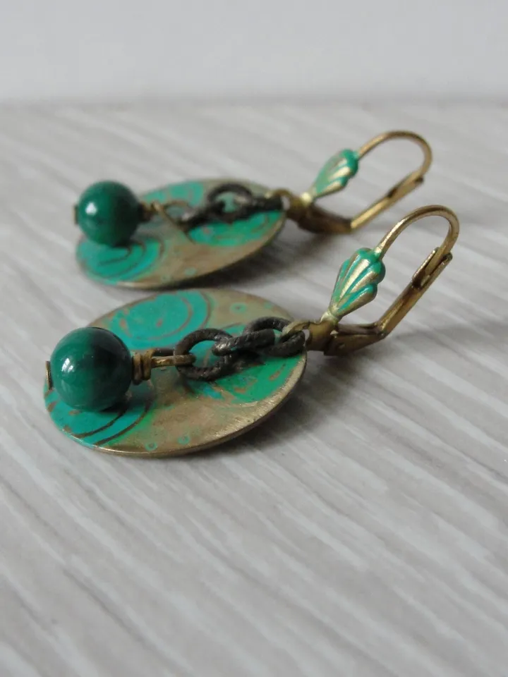 Boho Shabby chic Vintaj solid and natural brass Chrysocolla Textured patinated earrings with chain