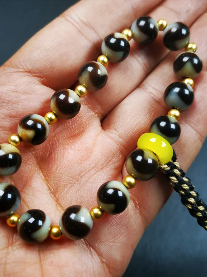 Gandhanra Tibetan Tiger Tooth Dzi Bead Bracelet Mala, 15 Beads,8.6"