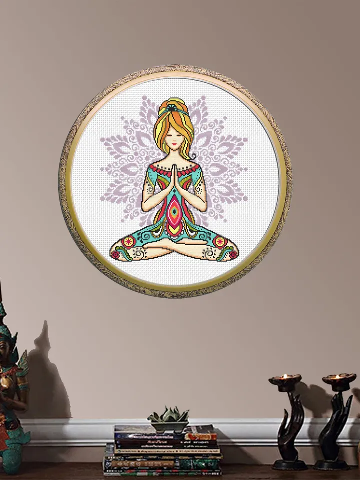 Yoga girl with mandala cross stitch pattern download PDF Yoga cross stitch chart, Chakra meditation cross stitch, Yoga art, Home decor #M187
