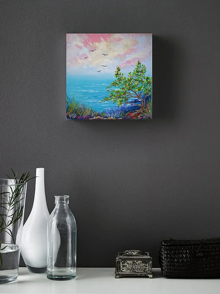 Seascape Painting Tree Original Art Landscape Artwork Beach Oil Painting Canvas