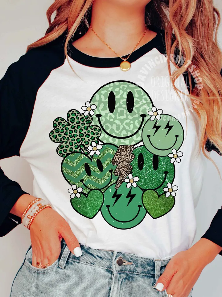 St Patty’s Day Green Smile Png, St Patricks Day Love Smile Clover Hearts Retro Groovy, St patricks day png, Retro st patricks day png, png