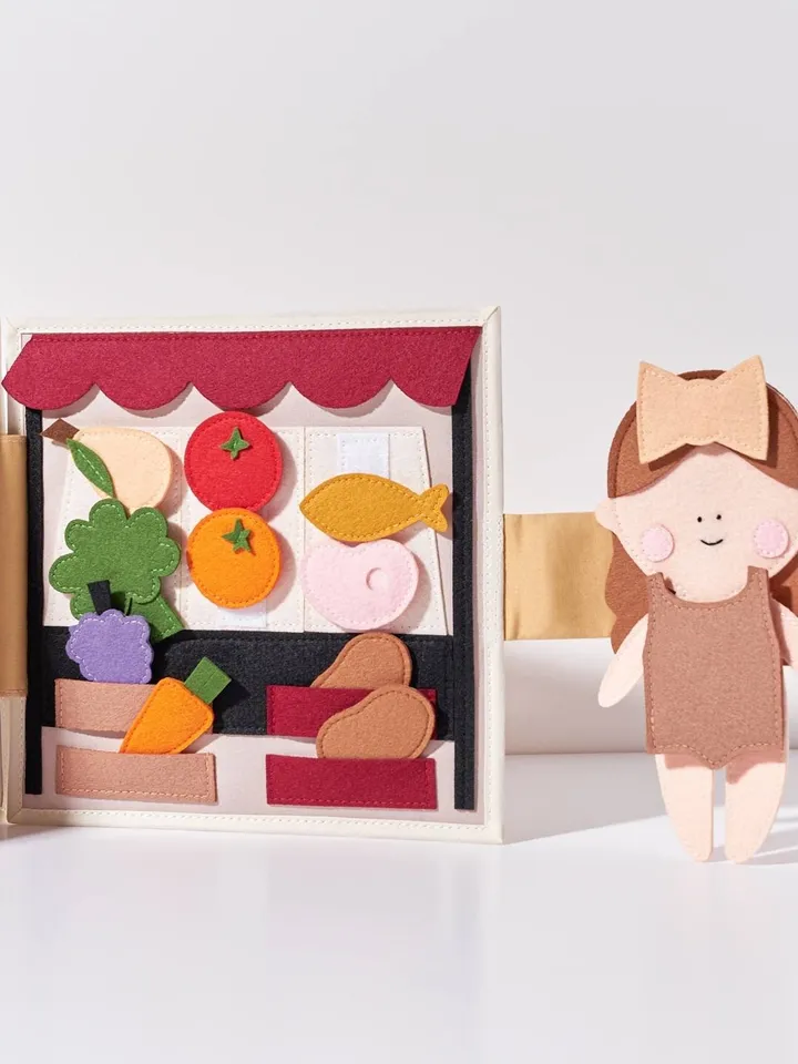 Felt Dollhouse Quiet Book 8 pages, Montessori Doll House for Kids, Fabric Dollhouse with Clothes, Bedroom, Kitchen, Bathroom,Interactive Toy