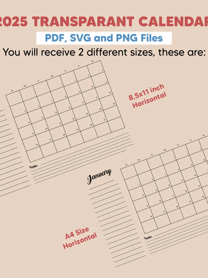 2025 Monthly Calendar Template, Transparent Calendar, Monday and Sunday Start, Planner Template, PNG/SVG calendar 2025, Letter/A4 Size
