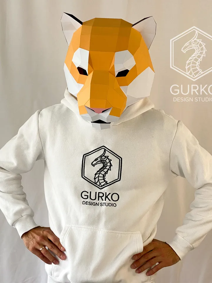 Tiger Mask Papercraft, Cat, Digital Template, PDF Download, Gurko, 3D Low Poly Animal Mask, DIY Origami, Pepakura, Paper Mask, DIY Costume