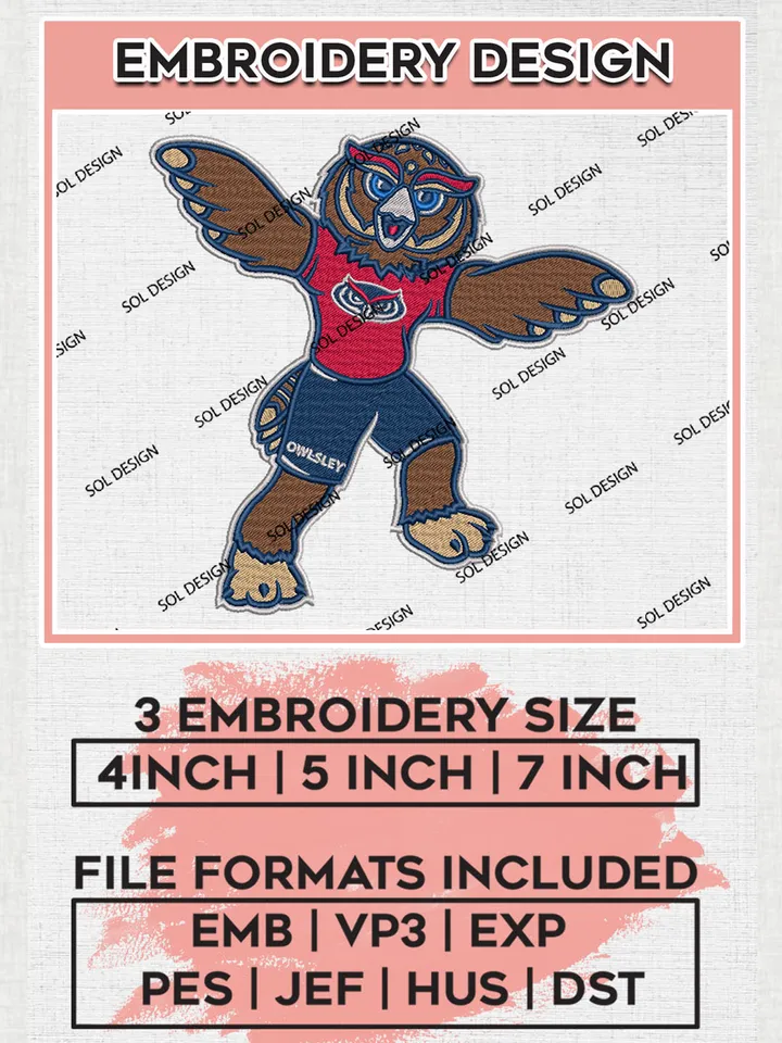 NCAA Florida Atlantic Owls Funny Mascot Logo Embroidery Design Files, NCAA Florida Atlantic Owls Team Embroidery, NCAA Game Day, Machine embroidery designs, Digital Download
