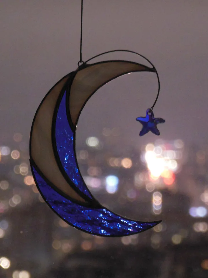Moon with Shooting Star Swarovski Сrystal . Stained glass window hanging Suncatcher , idea for anniversary , birthday and Christmas gift