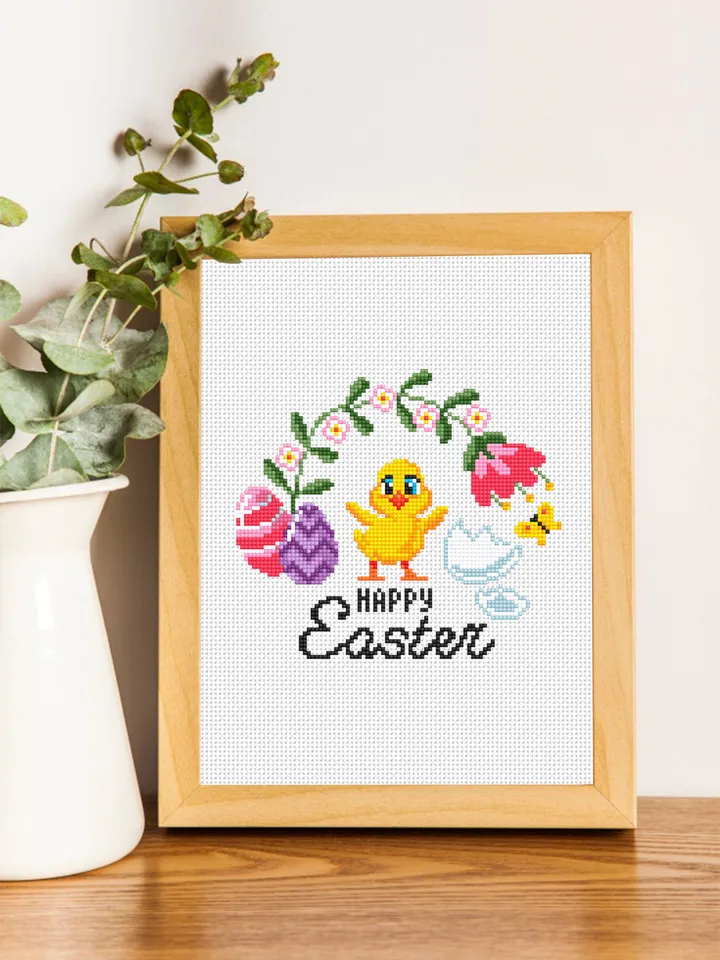 Happy Easter cross stitch pattern PDF Small easter chick cross stitch chart, Easter pattern digital PDF, Easter eggs, Spring flowers #T37
