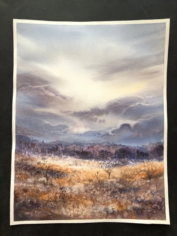 Landscape Watercolor Painting Fields Landscape Meadow Painting