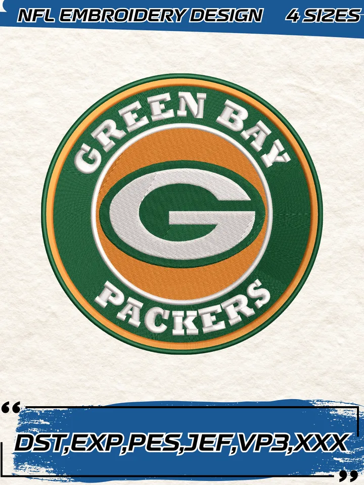 Green Bay Packers Circle Logo Embroidery Design,NFL Logo Embroidery Design,Machine Embroidery Design File,4 Sizes, Digital Download