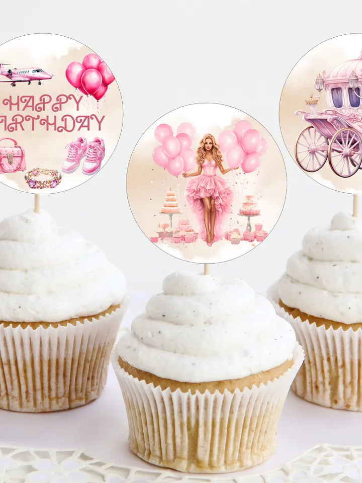 Doll Party Cupcake topper label sticker editable template bar12