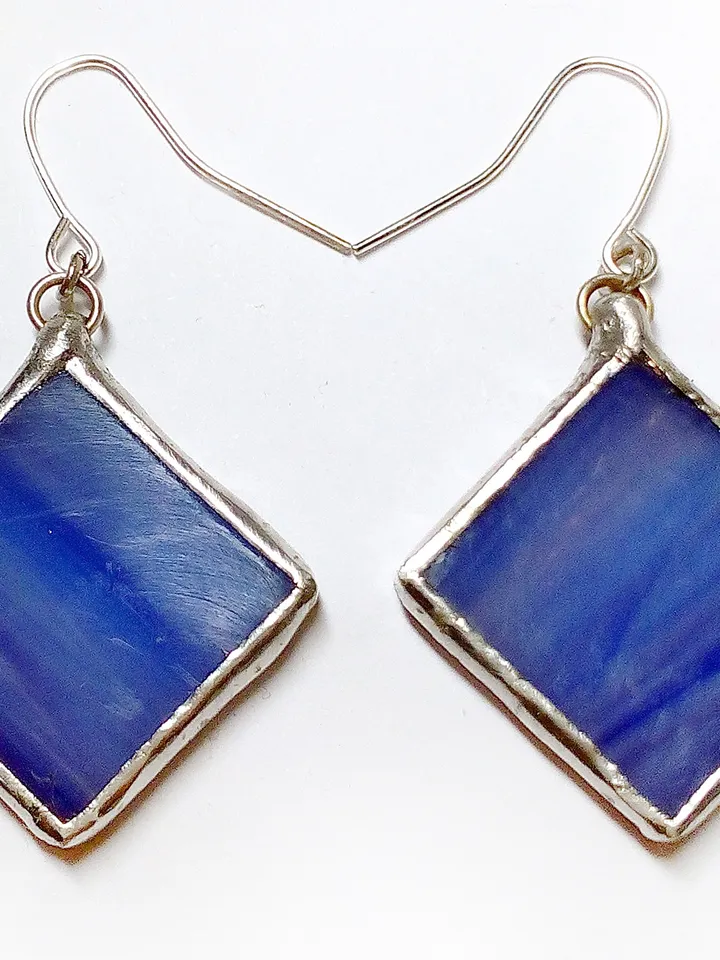 Simple stained glass, blue earrings, cute squar earrings, geomentic earrings