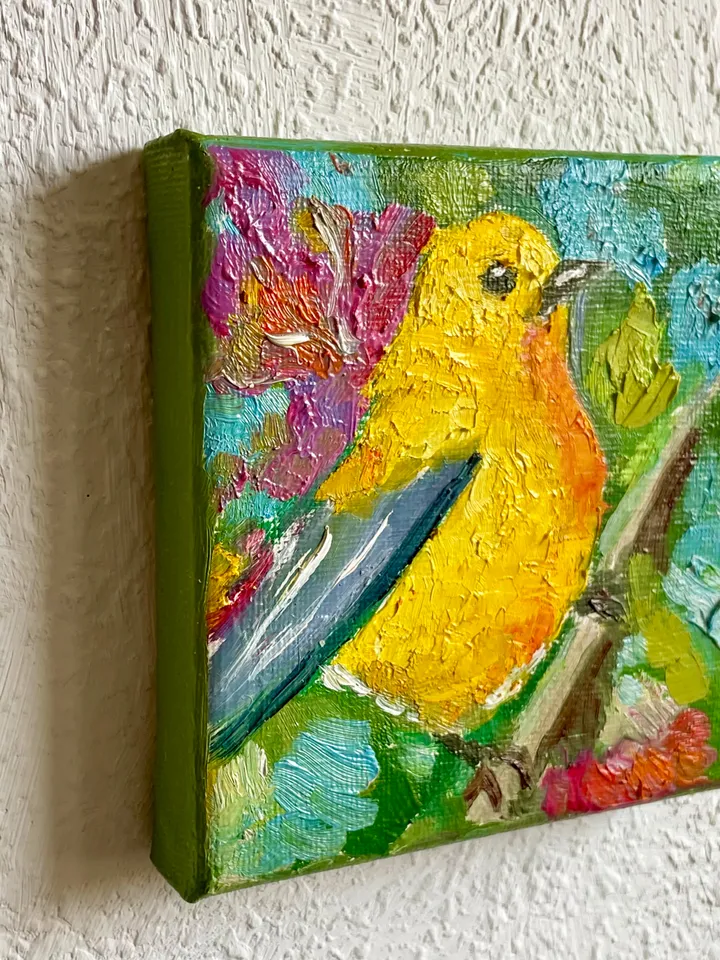 Yellow Wabler Painting, Bird Original oil Painting on Canvas, Wildlife Art, Miniature Artwork 4"x 4"