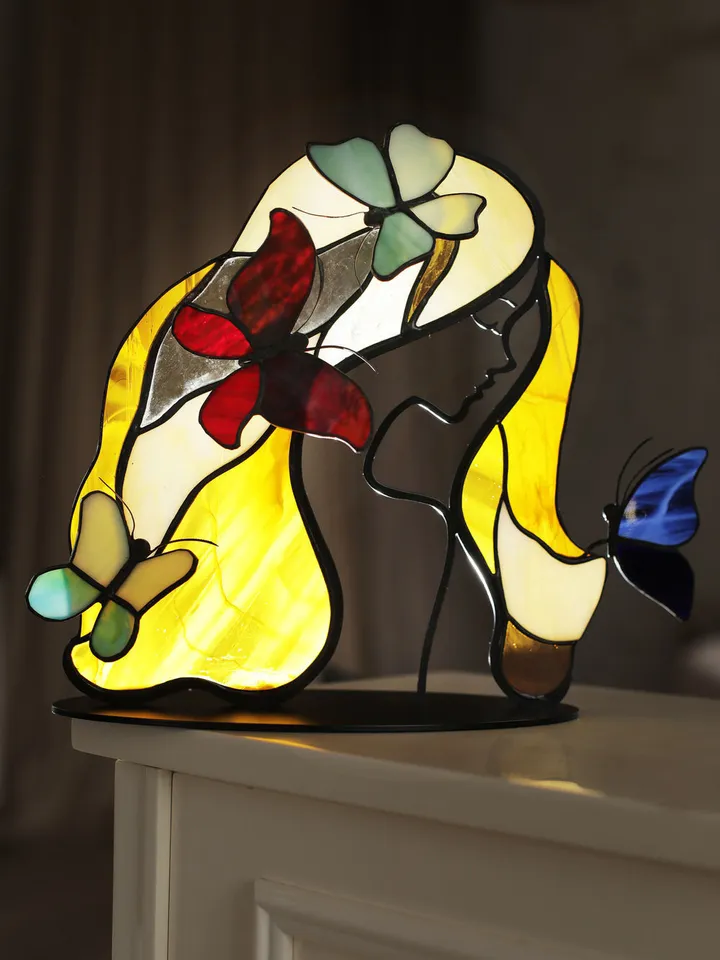 Girl with Butterflies in Her Hair. Tiffany Stained Glass
