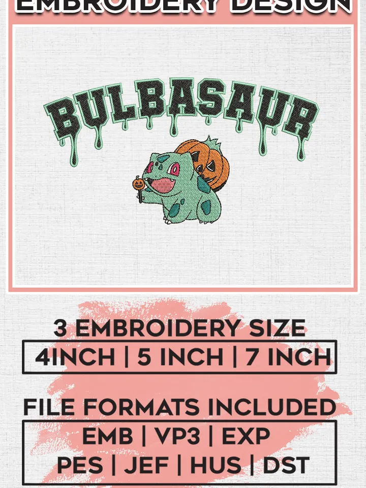 Bulbasaur Halloween Drop Name Embroidery designs, Halloween Machine embroidery designs, Pokemon Embroidery files, Machine Embroidery Digitized Pes Files, Digital Download
