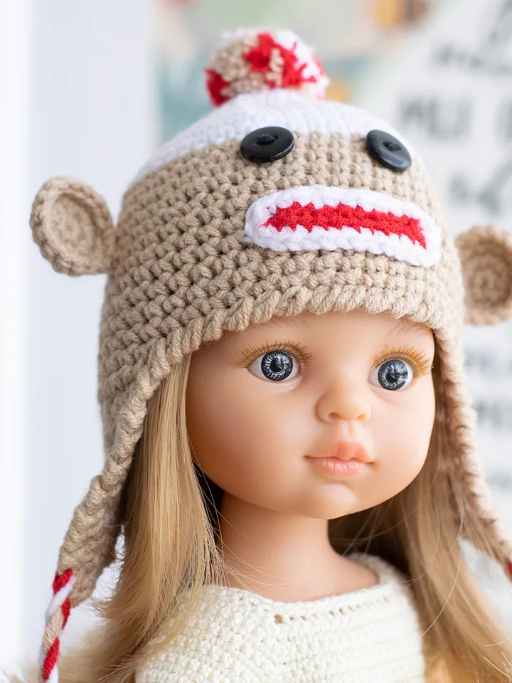 Monkey hat for Paola Reina doll, Meadowdolls Dumplings, Little Darling, Siblies, animals hat with ears for Halloween