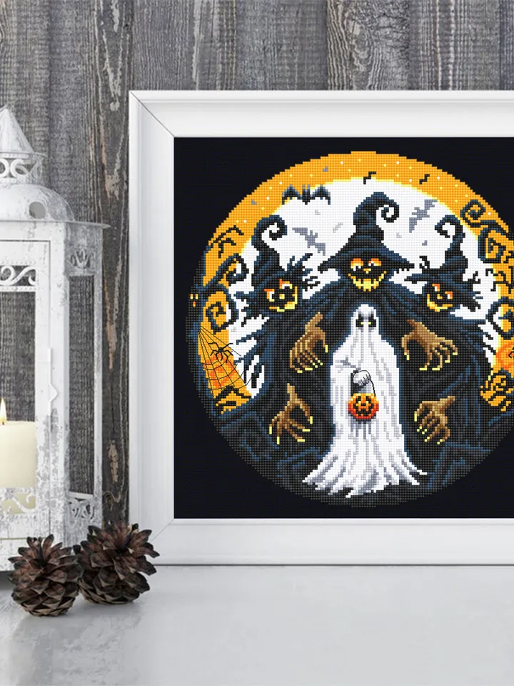 Scary Halloween cross stitch pattern PDF download Spooky ghost cross stitch chart Happy Halloween night, Halloween witch embroidery PDF #H61