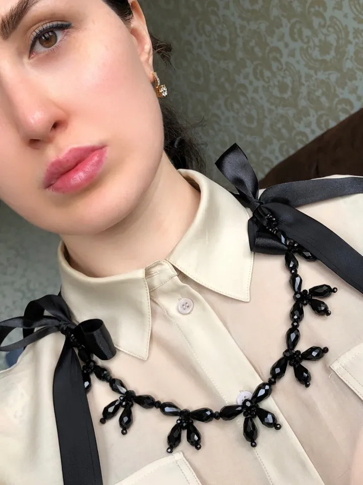 Beaded Flower & Ribbon Necklace